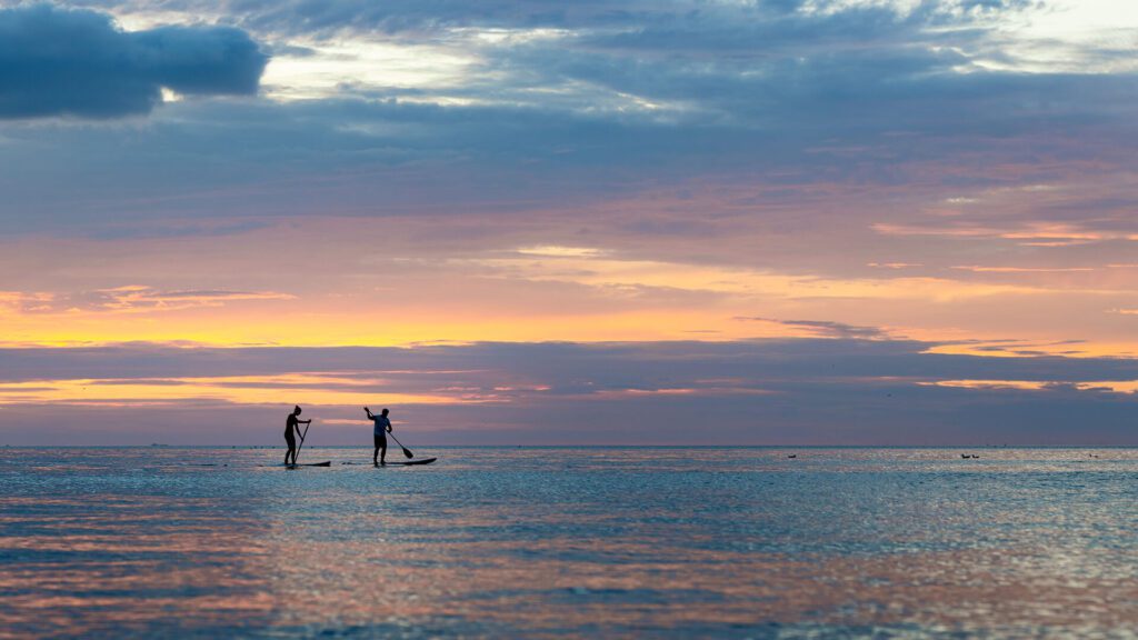 silhueta de pessoas a fazer paddleboarding durante o pôr do sol